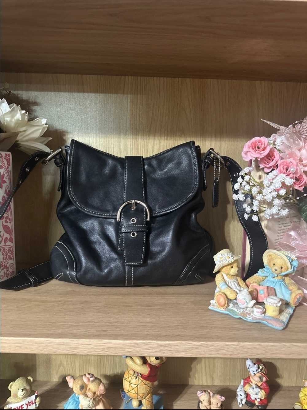 Black Leather Buckle-Front Shoulder Bag